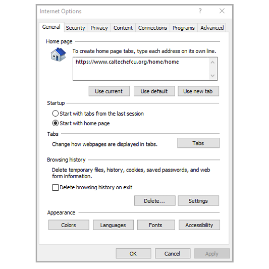 screenshot of Internet Options