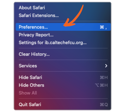screenshot of Safari browser pull-down window with selection of Preferences