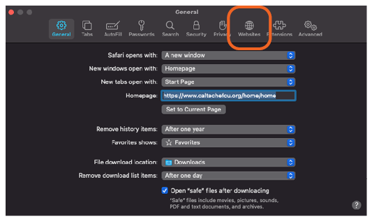 screenshot of Safari preferences showing General tab