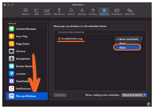screenshot of Safari scroll to Pop-Up Windows