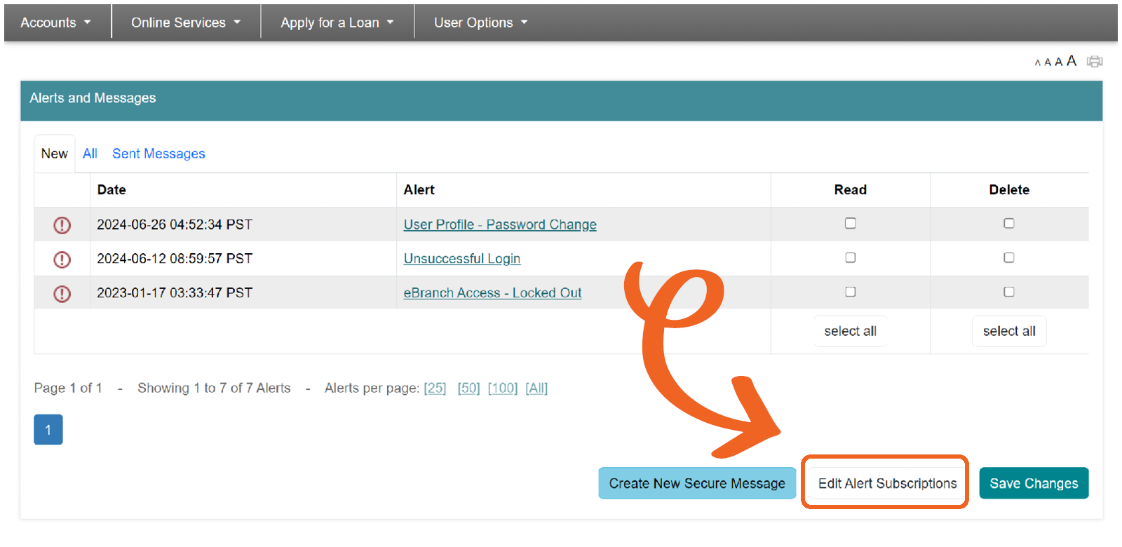 screenshot of selecting Edit Alert Subscriptions