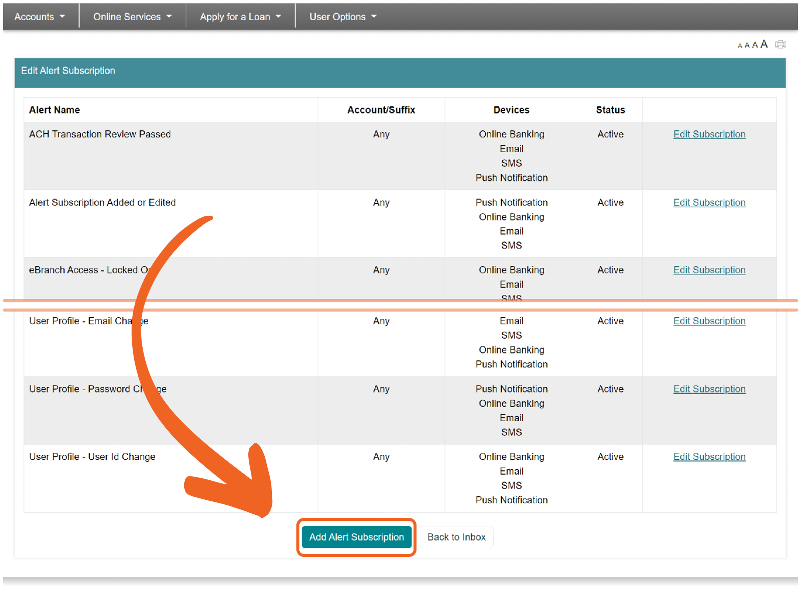 screenshot of Alert Subscriptions and selecting Add Alerts Subscription