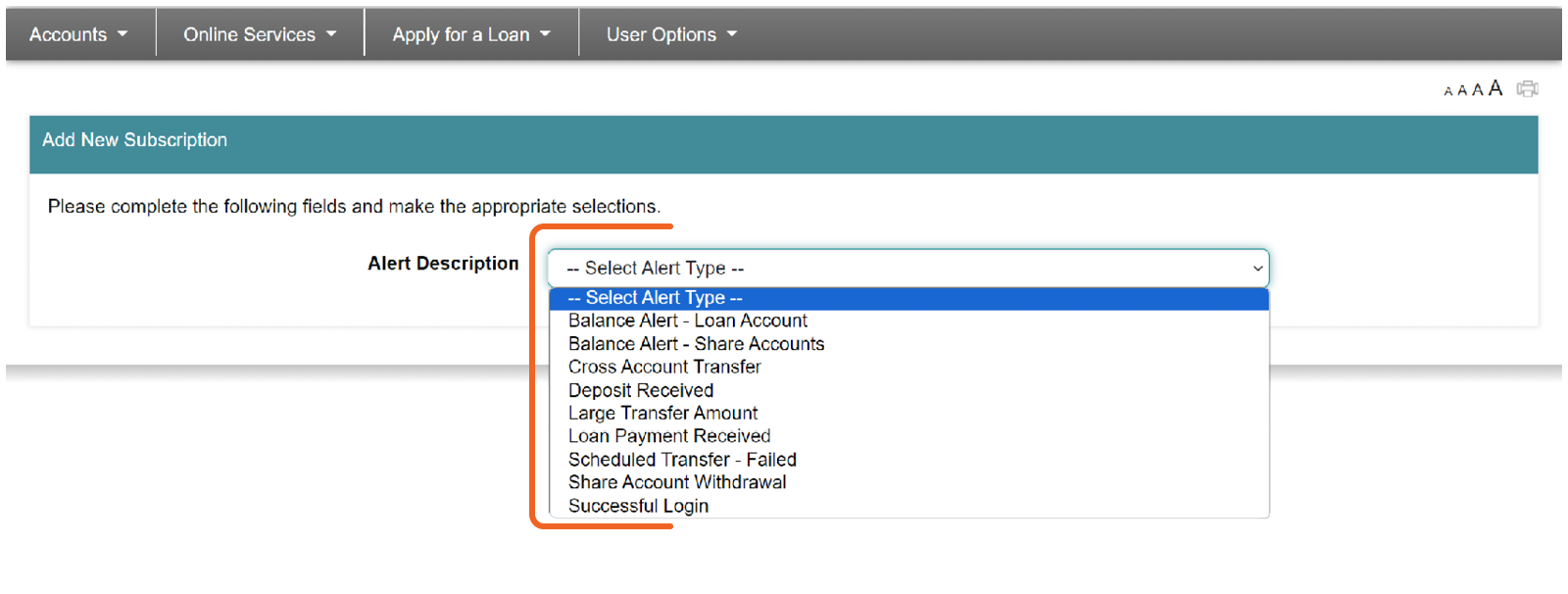 screenshot of Add New Alert with drop down menu showing options