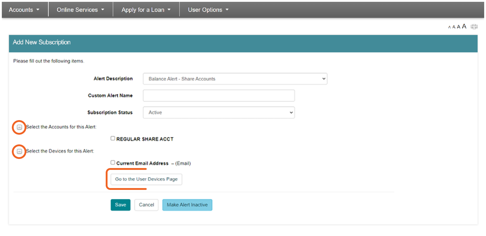 screenshot of Add New Subscription with options for alert