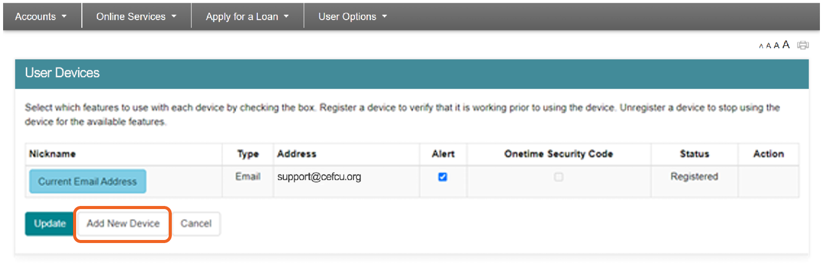screenshot of User Devices with highlight on option to Add a New Device
