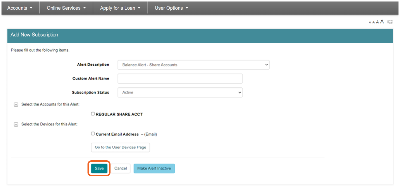 screenshot of Add New Subscription with highlight on option to Save