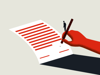 Hand signing contract with silhouette of a person standing on the pen.