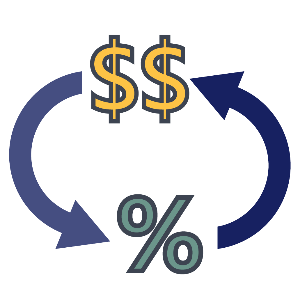 Circular arrows revolving around dollar signs and percentage symbol