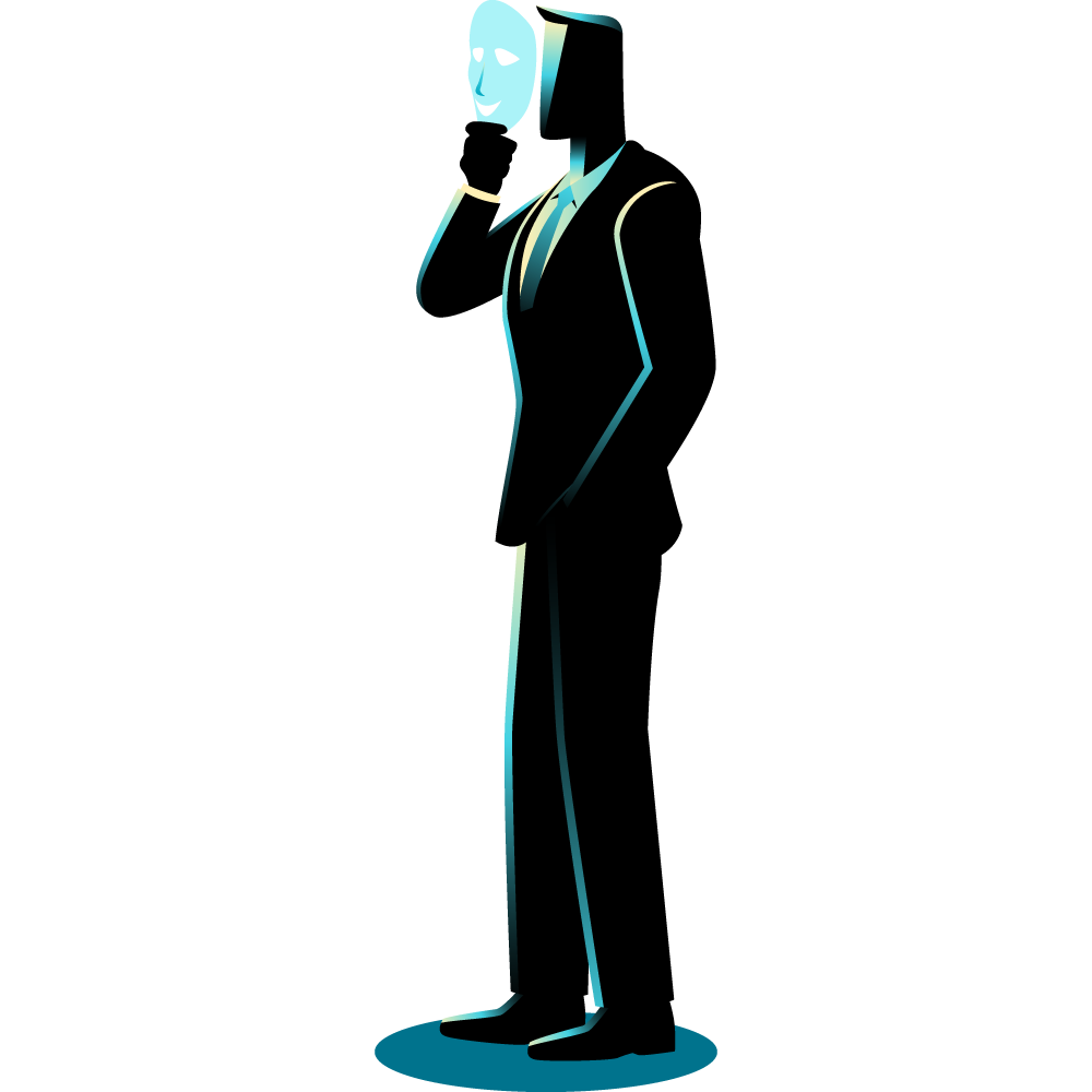 Person in business suit with a mask covering their face.