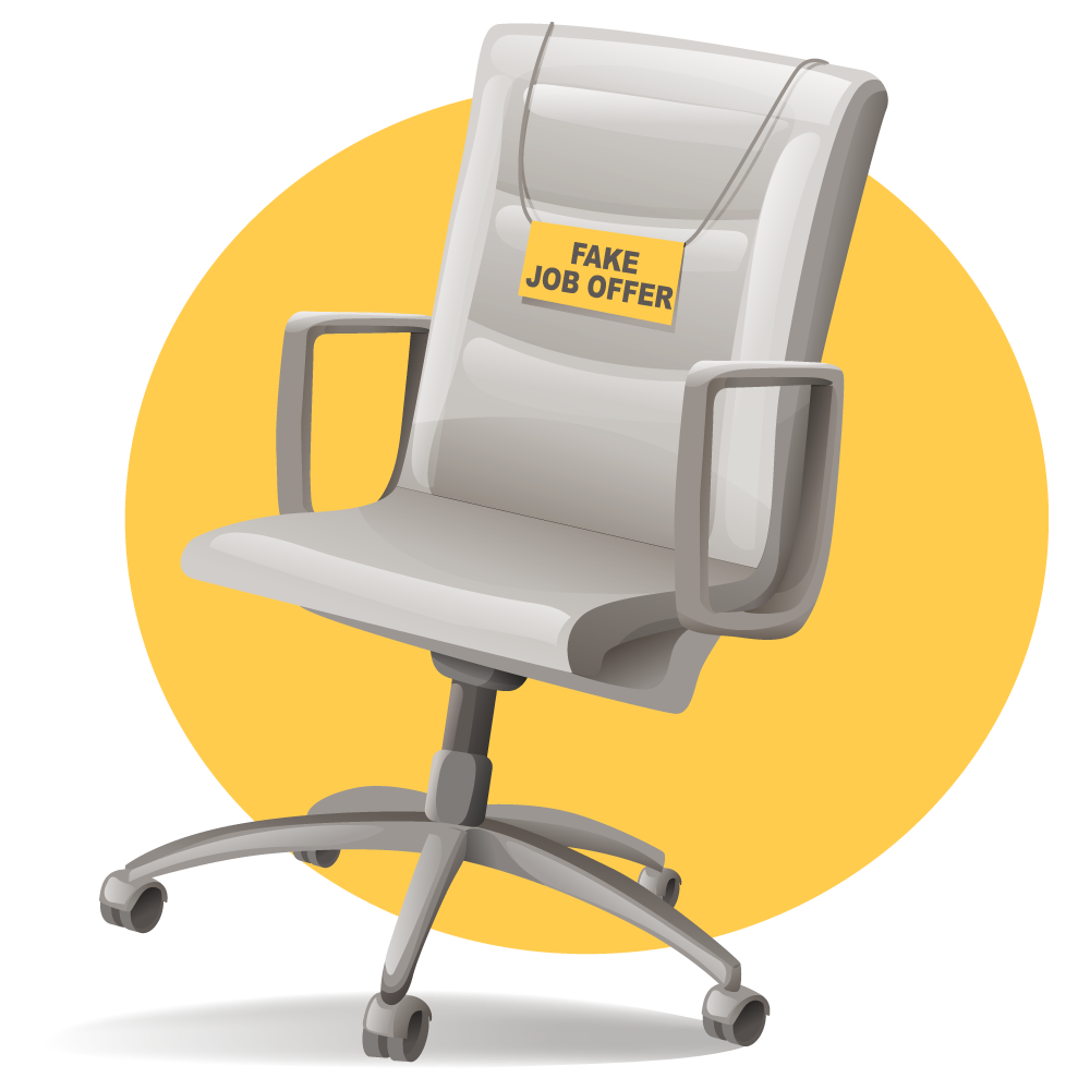Office chair with sign that reads: Fake Job Offer.