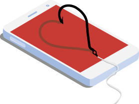 Smartphone with fishing hook embedded that makes the shape of a heart.