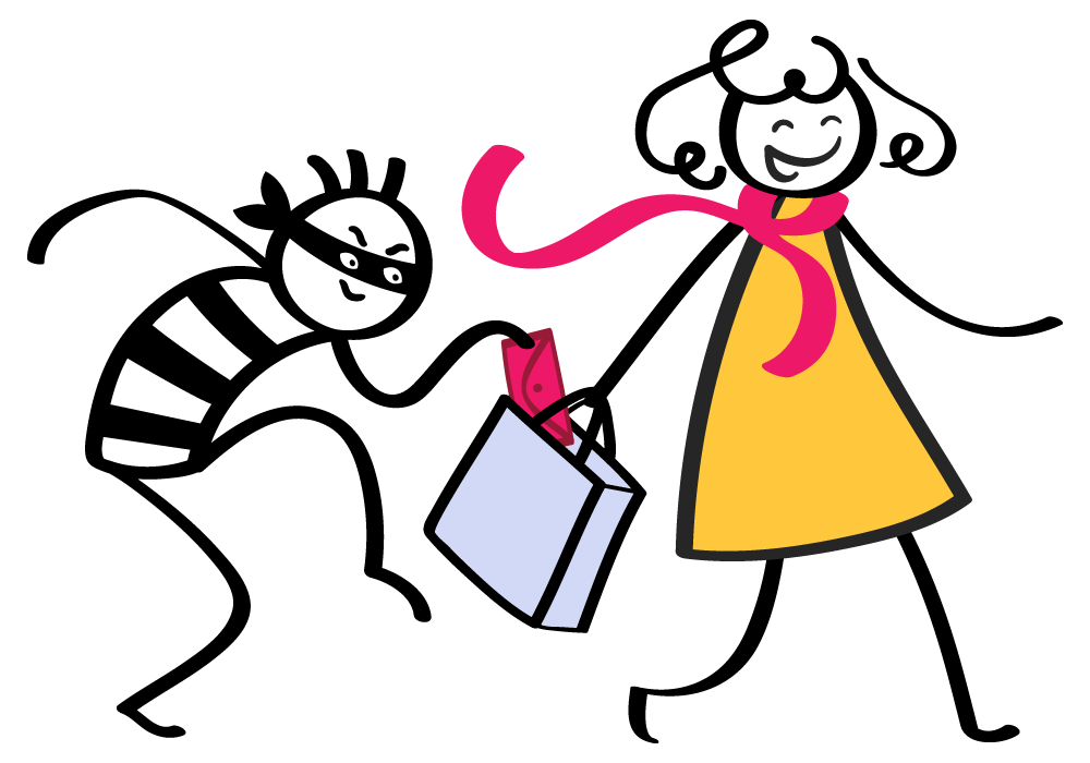 Stick figure woman with a shopping bag. A pickpocket burglar sneaking behind to steal.