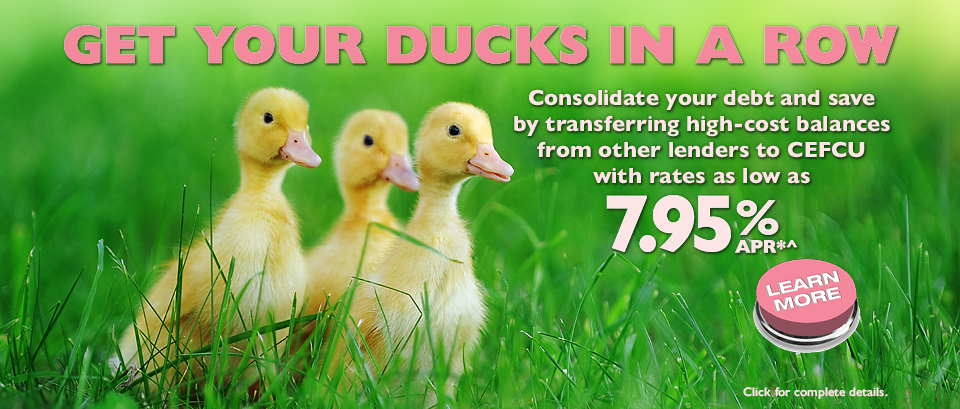 Get your ducks in a row. Transfer high-cost balances from other lenders to CEFCU. Learn more.
